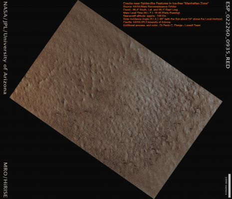 Cracks near Spider-like Features in Ice-free "Manhattan Zone" (Absolute Natural Colors; credits for the additional process. and color.: Dr Paolo C. Fienga - Lunexit Team)
nessun commento
Parole chiave: Mars from orbit - South Polar Features - Spiders
