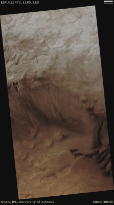 Unnamed Southern Crater with "Blooming" Gully (Absolute Natural Colors; credits for the additional process. and color.: Dr Paolo C. Fienga - Lunexit Team)
Caption NASA:"This observation shows Mid-Latitude-Type Gullies as well as dark and light materials. Brown/orange Dunes in this Unnamed Crater can also be seen (East of the Gully Aprons). One of the more stunning features is the Gully formation right outside the center swath of the full image.
At HiRISE resolution, we can examine whether there has been activity in the Gullies that post-dates the placement of windblown materials, like Boulders down the Slopes. We can also gather information to help determine the processes responsible for Gully formation".

Acquisition Date: May, 13th, 2011 
Mars Local Time (M.L.T.): 14:33 (Early Afternoon)
Latitude (centered): 51,3° South 
Longitude (East): 6,8°
Range to Target Site (Spacecraft Altitude): 254,7 Km (159,2 miles) 
Original Image Scale Range: 51 cm/pixel (with 2 x 2 binning) so objects of ~1 meter and 53 cm across are resolved 
Map Projected Scale: 50 cm/pixel and North is up 
Map Projection: EQUIRECTANGULAR 
Emission Angle: 8,4°
Sun-Mars-MRO (or "Phase") Angle: 47,8°
Solar Incidence Angle: 41° (with the Sun about 49° above the Local Horizon)
Parole chiave: Mars from orbit - Gullies