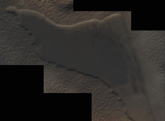 Possible Paleo-Lake near the South Pole of Mars (an Image-Mosaic in Absolute Natural Colors; credits for the Research, additional process. and color.: Drr Gianluigi Barca and Paolo C. Fienga/Lunar Explorer Italia/Italian Planetary Foundation)
In this image-mosaic showing the "Smooth South Polar Region", as NASA defined this Surface Feature, we wish to draw to your attention the extremely linear and, in a way, unusually-looking Chain of "oblong-shaped" Impact Craters that can easily be seen on the East Side (better yet: East Wall) of the Feature, from its upper right (Dx) corner and then down, for about 1/4 (one fourth) of its full length. This Chain of Craters litterally "follows" the Eastern Margin of the Lake-like Feature, then it suddenly stops (or, perhaps, quite a few of the Craters forming the Chain were simply "erased" by the occurrence of some Geological and/or Atmospherical - or both, probably - Events, still unknown at this point), and then it starts again, still remaining sharp and linear, but with a lesser Craters' Density. 
Furthermore, on the left (Sx) side of the Craters forming the Chain, the Surface appears to be characterized by the presence of Gullies (---> remember that a so-called "Gully" is a landform created by running water, eroding sharply into the Soil. Gullies may resemble to large ditches or small valleys, but they can be a few meters, to tens of meters, deep and wide. When the Gully Formation is in process, the Water Flow Rate can be substantial, and this fact causes a significant deep cutting action into the Soil). So, one - perhaps remote, but, in any case, extremely intriguing - possibility, is that the Chain of Craters (or whatever those "oblong-shaped holes in the ground" may be) was the actual "passageway" through which a more than significant amount of running water once flew and, in the end (an end that occurred, very likely, in a distant past), filled up the whole Surface Depression and formed a true South Polar Lake. Then the water froze, and the Surface of this Martian Lake got slowly covered by Dust and Ashes but, in any case, it remained very smooth, like the still waters that once must have been there and that, in our opinion, froze very quickly. 
All that said, we humbly believe, as IPF, that this whole Surface Feature has too quickly (and superficially) been called "Smooth South Polar Region", and then (at least as far as we know) forgotten by the many Spacecrafts that we still have orbiting around the Red Planet. In other words, if we had the chance, we would strongly suggest NASA (and ESA) to send the Mars Reconnaissance Orbiter and the Mars Express Spacecraft over this Region, and then take a new and better look at was lies down below, on the Surface. And this because, as they should know very well, "Science is always full of surprises"!...

Your opinions and insights about this topic are and shall always be appreciated.

Mars Local Time: 14:56 (Early Afternoon)
Coord. (centered): 78,638° South Lat. and 68,111° East Long.
Spacecraft altitude: 248,0 Km (such as about 154,008 miles) 
Original image scale range: 49,6 cm/pixel (with 2 x 2 binning) so objects ~ 1 mt and 49 cm across are resolved
Map projected scale: 50 cm/pixel
Map projection: POLAR STEREOGRAPHIC
Emission Angle: 4,5° 
Sun-Martian Surface-MRO Spacecraft (or Phase) Angle: 67,9°
Solar Incidence Angle: 65° (meaning that the Sun was about 25° above the Local Horizon at the time the picture was taken)
Solar Longitude: 317,2° (Northern Winter - Southern Summer)
Credits: NASA/JPL/University of Arizona
Additional process. and coloring: Lunar Explorer Italia

This picture (which is a cropped and NON-Map Projected NASA - Original Mars Reconnaissance Orbiter CTX b/w frame, identified by the serial n. ESP_023024_1010) has been additionally processed and then colorized in Absolute Natural Colors (such as the colors that a human eye would actually perceive if someone were onboard the NASA - Mars Reconnaissance Orbiter and then looked down, towards the Surface of Mars), by using an original technique created - and, in time, dramatically improved - by the Lunar Explorer Italia Team.
Parole chiave: Mars from orbit - South Polar Features - Possible Paleo-Lake - Controversial