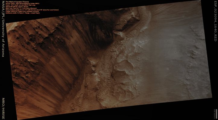 The Wall of Coprates Chasma (Enhanced and Darkened Absolute Natural Colors; credits for the additional process. and color: Dr Paolo C. Fienga/Lunar Explorer Italia/Italian Planetary Foundation)
nessun commento
Parole chiave: Mars from orbit - Chasmas - Coprates Chasma