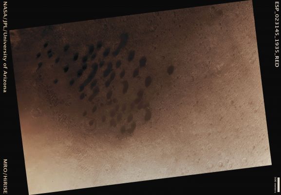 Dunes in Western Arabia Terra (Absolute Natural Colors; credits for the additional process. and color.: Dr Paolo C. Fienga - Lunexit Team)
Mars Local Time: 14:04 (Early Afternoon)
Coord. (centered): 13,4° North Lat. and 345,1° East Long.
Spacecraft altitude: 279,5 Km (such as about 174,7 miles) 
Original image scale range: 55,9 cm/pixel (with 2 x 2 binning) so objects ~ 1 mt and 68 cm across are resolved 
Map projected scale: 50 cm/pixel
Map projection: EQUIRECTANGULAR
Emission Angle: 2,0° 
Sun-Mars-Spacecraft (or "Phase") Angle: 43,6°
Solar Incidence Angle: 42° (meaning that the Sun is about 48° above the Local Horizon)
Solar Longitude: 322,6° (Northern Winter)
Credits: NASA/JPL/University of Arizona
Additional process. and coloring: Dr Paolo C. Fienga - Lunar Explorer Italia
Parole chiave: Mars from orbit - Arabia Terra Region