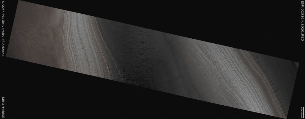 Features of the SPLD (CTX Frame - Absolute Natural Colors; credits for the additional process. and color: Dr Paolo C. Fienga - Lunexit Team)
Mars Local Time: 14:46 (Early Afternoon)
Coord. (centered): 77,9° South Lat. and 203,8° East Long.
Spacecraft altitude: 250,1 Km (such as about 156,3 miles) 
Original image scale range: 50 cm/pixel (with 2 x 2 binning) so objects ~1 mt and 50 cm across are resolved 
Map projected scale: 50 cm/pixel
Map projection: POLAR STEREOGRAPHIC
Emission Angle: 7,5° 
Sun-Mars-Spacecraft (or "Phase") Angle: 70,8°
Solar Incidence Angle: 66° (meaning that the Sun is about 24° above the Local Horizon)
Solar Longitude: 323,4° (Northern Winter)
Credits: NASA/JPL/University of Arizona
Additional process. and coloring: Dr Paolo C. Fienga - Lunar Explorer Italia
Parole chiave: Mars from orbit - South Polar Features - SPLD