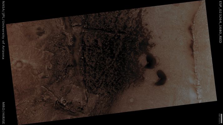 Features of Margaritifer Terra (CTX Frame - Enhanced Natural Colors; credits for the additional process. and color: Dr Paolo C. Fienga - Lunexit Team)
Mars Local Time: 14:09 (early afternoon)
Coord. (centered): 12,1° South Lat. and 339,8° East Long.
Spacecraft altitude: 265,1 Km (such as about 165,7 miles) 
Original image scale range: 53 cm/pixel (with 2 x 2 binning) so objects ~ 1 mt and 59 cm across are resolved 
Map projected scale: 50 cm/pixel 
Map projection: EQUIRECTANGULAR
Emission Angle: 0,4° 
Sun-Mars-Spacecraft (or "Phase") Angle: 31,2°
Solar Incidence Angle: 32° (meaning that the Sun is about 58° above the Local Horizon)
Solar Longitude: 327,7° (Northern Winter)
Credits: NASA/JPL/University of Arizona
Additional process. and coloring: Dr Paolo C. Fienga - Lunar Explorer Italia
Parole chiave: Mars from orbit - Margaritifer Terra Region