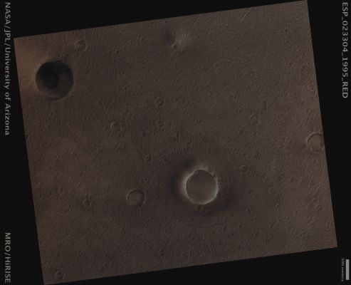 Features of Chrise Planitia: Cones, Shield-like Features and small round Mounds (Absolute Natural Colors; credits for the additional process. and color.: Dr Paolo C. Fienga - Lunexit Team) 
Mars Local Time: 13:59 (Early Afternoon)
Coord. (centered): 19,1° North Lat. and 322,9° East Long.
Spacecraft altitude: 289,9 Km (such as about 181,2 miles) 
Original image scale range: 29,0 cm/pixel (with 1 x 1 binning) so objects ~ 87 cm across are resolved 
Map projected scale: 25 cm/pixel
Map projection: EQUIRECTANGULAR
Emission Angle: 12,6° 
Sun-Mars-Spacecraft (or "Phase") Angle: 53,7°
Solar Incidence Angle: 43° (meaning that the Sun is about 47° above the Local Horizon)
Solar Longitude: 329,5° (Northern Winter)
Credits: NASA/JPL/University of Arizona
Additional process. and coloring: Dr Paolo C. Fienga - Lunar Explorer Italia
Parole chiave: Mars from orbit - Chrise Planitia Region