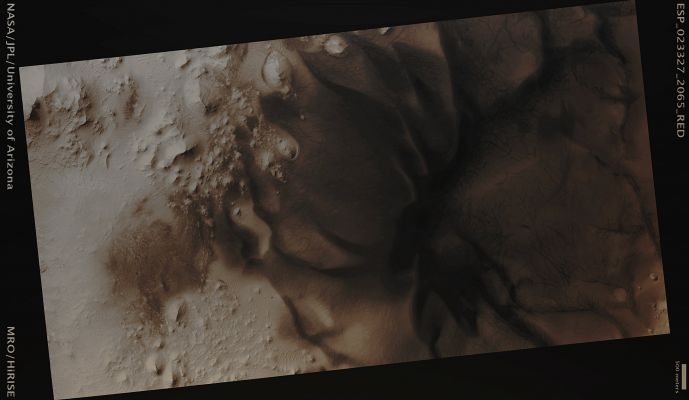 Dark Dust Devil Tracks on colourful Dunes (CTX Frame - Absolute Natural Colors; credits for the additional process. and color.: Dr Paolo C. Fienga - Lunexit Team)
Mars Local Time: 14:09 (Early Afternoon)
Coord. (centered): 26,1° North Lat. and 57,0° East Long.
Spacecraft altitude: 304,8 Km (such as about 190,5 miles) 
Original image scale range: 30,5 cm/pixel (with 1 x 1 binning) so objects ~ 91 cm across are resolved 
Map projected scale: 25 cm/pixel
Map projection: EQUIRECTANGULAR
Emission Angle: 20,6° 
Phase Angle: 36,0°
Solar Incidence Angle: 49° (meaning that the Sun is about 41° above the Local Horizon)
Solar Longitude: 330,5° (Northern Winter)
Credits: NASA/JPL/University of Arizona
Additional process. and coloring: Dr Paolo C. Fienga - Lunar Explorer Italia

Caption NASA:"Dust Devils leave Tracks behind them that create the beautiful swirling patterns visible in the EDM n.2 (approximately 0,5 Km, or about 0,3 miles across) and in many other images of Dust-covered Terrain. Suction created by the air rotating in a whirlwind removes a thin layer of light-colored Dust from the Martian Surface, leaving behind dark lines in the Dust Devil's path. That's what usually happens. In this case, however, there is an unusual Streak that appears brighter at one end (see EDM n.1 - approximately 0,6 Km or just about 0,4 miles across, with North is roughly upwards).
The bright Streak could be a deposit of light-colored Material that the Dust Devil dropped for some reason: maybe the Dust Devil died out right at this spot. Or it could be that at this particular location, the underlying dune is brighter than the dust on top of it, so when the dust devil removed the surface layer, a brighter layer below was revealed. Or there could be some other explanation we haven't even thought of yet!
Numerous small Slope Streaks are also visible in this image; for example, on the left side of the EDM n.2, indicated by the white arrow. These are thought to occur when a thin layer of Dust Avalanches downhill, revealing darker material beneath. Over time, these Streaks, like the DDTs, slowly brighten to match their surroundings, as Dust is deposited from the Atmosphere to cover them".
Parole chiave: Mars from orbit - Aeolian Features - Dust Devil Tracks (DD Tracks)