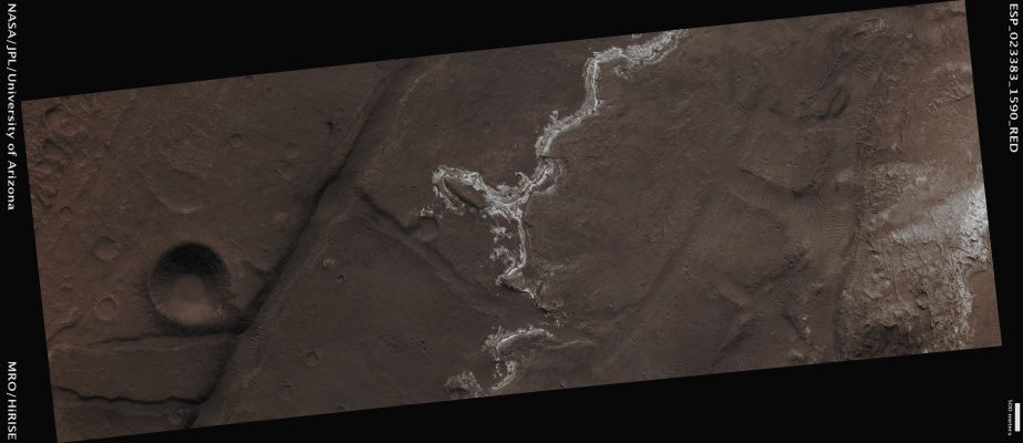 Light-Toned Layered Rock Outcrop in Ladon Valles (Absolute Natural Colors; credits for the additional process. and color.: Dr Paolo C. Fienga - Lunexit Team)
Mars Local Time: 14:04 (Early Afternoon)
Coord. (centered): 20,8° South Lat. and 330,3° East Long.
Spacecraft altitude: 280,4 Km (such as about 175,3 miles) 
Original image scale range: 28,1 cm/pixel (with 1 x 1 binning) so objects ~ 84 cm across are resolved 
Map projected scale: 25 cm/pixel
Map projection: EQUIRECTANGULAR
Emission Angle: 22,2° 
Sun-Mars-Spacecraft (or "Phase") Angle: 52,7°
Solar Incidence Angle: 31° (meaning that the Sun is about 59° above the Local Horizon)
Solar Longitude: 332,8° (Northern Winter)
Credits: NASA/JPL/University of Arizona
Additional process. and coloring: Dr Paolo C. Fienga - Lunar Explorer Italia
Parole chiave: Mars from orbit - Channels - Ladon Valles