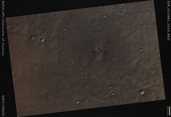 Fresh Impact Crater on the S/W Edge of Elysium Mons (Absolute Natural Colors; credits for the additional process. and color: Dr Paolo C. Fienga - Lunexit Team)
Mars Local Time: 14:04 (early afternoon)
Coord. (centered): 20,7° North Lat. and 144,0° East Long.
Spacecraft altitude: 281,3 Km (such as about 175,8 miles) 
Original image scale range: 28,1 cm/pixel (with 1 x 1 binning) so objects ~ 84 cm across are resolved 
Map projected scale: 25 cm/pixel 
Map projection: EQUIRECTANGULAR
Emission Angle: 1,4° 
Sun-Mars-Spacecraft (or "Phase") Angle: 42,0°
Solar Incidence Angle: 43° (meaning that the Sun is about 47° above the Local Horizon)
Solar Longitude: 337,0° (Northern Winter)
Credits: NASA/JPL/University of Arizona
Additional process. and coloring: Dr Paolo C. Fienga - Lunar Explorer Italia
Parole chiave: Mars from orbit - Craters - Relatively "Fresh" Crater
