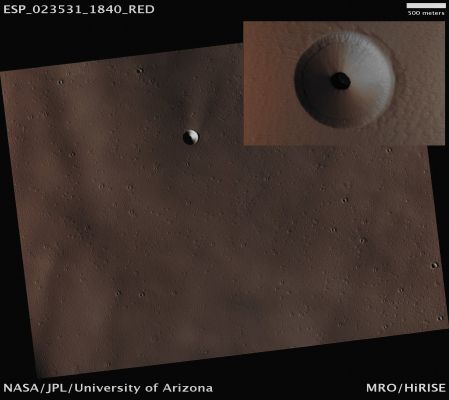 Skylight on the Dusty Slopes of Arsia Mons (CTX Frame and EDM - Absolute Natural Colors; credits for the additional process. and color.: Dr Paolo C. Fienga - Lunexit Team)
Mars Local Time: 14:08 (Early Afternoon)
Coord. (centered): 3,7° North Lat. and 248,5° East Long.
Spacecraft altitude: 263 Km (such as about 164,4 miles) 
Original image scale range: 26,3 cm/pixel (with 1 x 1 binning) so objects ~ 79 cm across are resolved 
Map projected scale: 25 cm/pixel
Map projection: EQUIRECTANGULAR 
Emission Angle: 4,1° 
Sun-Mars-Spacecraft (or "Phase") Angle: 30,4°
Solar Incidence Angle: 34° (meaning that the Sun is about 56° above the Local Horizon)
Solar Longitude: 339,1° (Northern Winter)
Credits: NASA/JPL/University of Arizona
Additional process. and coloring: Dr Paolo C. Fienga - Lunar Explorer Italia
Parole chiave: Mars from orbit - Volcanic Features - Skylight - Arsia Mons Volcano