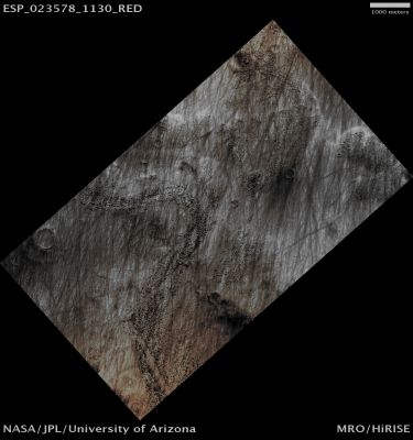 Features of Malea Planum (Absolute Natural Colors; credits for the additional process. and color.: Dr Paolo C. Fienga - Lunexit Team) 
Mars Local Time: 14:37 (Early Afternoon)
Coord. (centered): 66,7° South Lat. and 57,7° East Long.
Spacecraft altitude: 250,1 Km (such as about 156,3 miles) 
Original image scale range: 25,0 cm/pixel (with 1 x 1 binning) so objects ~ 75 cm across are resolved 
Map projected scale: 25 cm/pixel
Map projection: POLAR STEREOGRAPHIC
Emission Angle: 5,5° 
Sun-Mars-Spacecraft (or "Phase") Angle: 61,7°
Solar Incidence Angle: 65° (meaning that the Sun is about 25° above the Local Horizon)
Solar Longitude: 341,0° (Northern Winter)
Credits: NASA/JPL/University of Arizona
Additional process. and coloring: Drr Gianluigi Barca and Paolo C. Fienga - Lunar Explorer Italia
Parole chiave: Mars from orbit - Ridges - Malea Planum