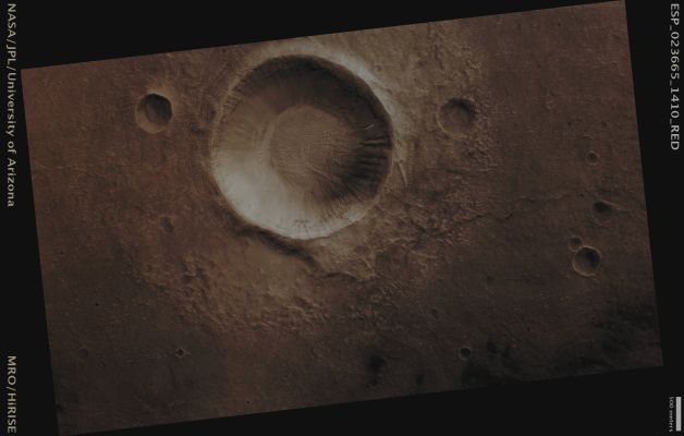 Unnamed Southern Crater with Gullies (CTX Frame - Absolute Natural Colors; credits for the additional process. and color.: Dr Paolo C. Fienga - Lunexit Team)
Mars Local Time: 14:15 (Early Afternoon)
Coord. (centered): 38,5° South Lat. and 194,5° East Long.
Spacecraft altitude: 255,0 Km (such as about 159,4 miles) 
Original image scale range: 51,0 cm/pixel (with 2 x 2 binning) so objects ~ 1 mt and 53 cm across are resolved 
Map projected scale: 50 cm/pixel
Map projection: EQUIRECTANGULAR
Emission Angle: 6,9° 
Sun-Mars-Spacecraft (or "Phase") Angle: 49,6°
Solar Incidence Angle: 44° (meaning that the Sun is about 46° above the Local Horizon)
Solar Longitude: 344,6° (Northern Winter)
Credits: NASA/JPL/University of Arizona
Additional process. and coloring: Dr Paolo C. Fienga - Lunar Explorer Italia
Parole chiave: Mars from orbit - Craters - Unnamed Crater with Gullies