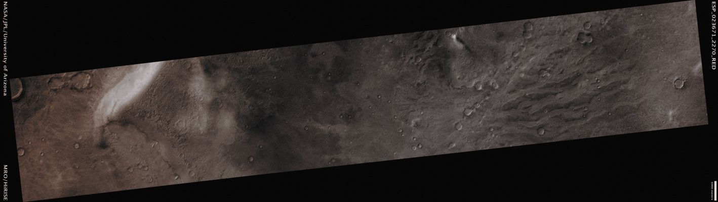 Features of Deuteronilus Mensae, with Dust Devil (CTX Frame - Absolute Natural Colors; credits for the additional process. and color.: Dr Paolo C. Fienga - Lunexit Team) 
Mars Local Time: 14:01 (Early Afternoon)
Coord. (centered): 46,6° North Lat. and 20,7° East Long.
Spacecraft altitude: 304,5 Km (such as about 190,3 miles) 
Original image scale range: 60,9 cm/pixel (with 2 x 2 binning) so objects ~ 1 mt and 83 cm across are resolved 
Map projected scale: 50 cm/pixel
Map projection: EQUIRECTANGULAR
Emission Angle: 5,6° 
Sun-Mars-Spacecraft (or "Phase") Angle: 56,1°
Solar Incidence Angle: 59° (meaning that the Sun is about 31° above the Local Horizon)
Solar Longitude: 344,8° (Northern Winter)
Credits: NASA/JPL/University of Arizona
Additional process. and coloring: Dr Paolo C. Fienga - Lunar Explorer Italia
Parole chiave: Mars from orbit - Deuteronilus Mensae Region