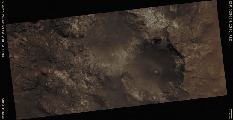 Colorful Central Peak in an Unnamed Crater (CTX Frame - Absolute Natural Colors; credits for the additional process. and color.: Dr Paolo C. Fienga - Lunexit Team)
Mars Local Time: 14:11 (Early Afternoon)
Coord. (centered): 20,5° South Lat. and 306,4° East Long.
Spacecraft altitude: 259,1 Km (such as about 162,0 miles) 
Original image scale range: 51,8 cm/pixel (with 2 x 2 binning) so objects ~ 1 mt and 56 cm across are resolved 
Map projected scale: 50 cm/pixel
Map projection: EQUIRECTANGULAR
Emission Angle: 7,2° 
Sun-Mars-Spacecraft (or "Phase") Angle: 41,5°
Solar Incidence Angle: 35° (meaning that the Sun is about 55° above the Local Horizon)
Solar Longitude: 345,0° (Northern Winter)
Credits: NASA/JPL/University of Arizona
Additional process. and coloring: Dr Paolo C. Fienga - Lunar Explorer Italia
Parole chiave: Mars from orbit - Craters - Unnamed Crater with colourful Central Peak