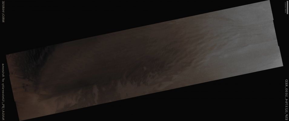 Large Dunefield on the Floor of an Unnamed Southern Crater (Absolute Natural Colors; credits for the additional process. and color.: Dr Paolo C. Fienga - Lunexit Team)
Mars Local Time: 14:53 (Early Afternoon)
Coord. (centered): 76,8° South Lat. and 23,7° East Long.
Spacecraft altitude: 250,5 Km (such as about 156,6 miles) 
Original image scale range: 25,1 cm/pixel (with 1 x 1 binning) so objects ~ 50,1 cm across are resolved (with 2 x 2 binning)
Map projected scale: 25 cm/pixel
Map projection: POLAR STEREOGRAPHIC
Emission Angle: 1,8° 
Phase Angle: 76,8°
Solar Incidence Angle: 76° (meaning that the Sun is about 14° above the Local Horizon)
Solar Longitude: 348,6° (Northern Winter)
Credits: NASA/JPL/University of Arizona
Additional process. and coloring: Dr Paolo C. Fienga - Lunar Explorer Italia
Parole chiave: Mars from orbit - Dunefield - Southern Regions