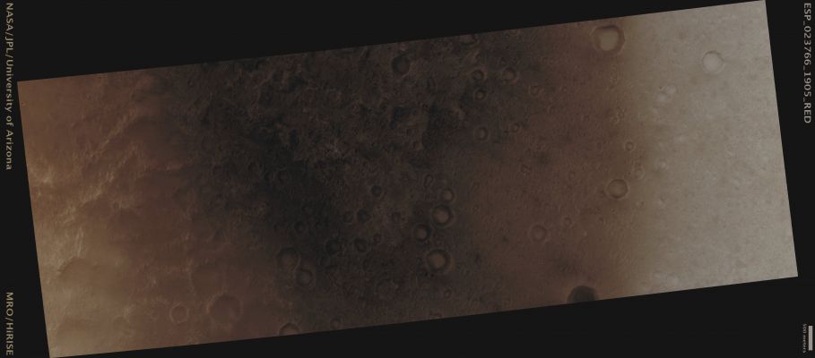 Dark Area on the Floor of an Unnamed Northern Crater (Absolute Natural Colors; credits for the additional process. and color.: Dr Paolo C. Fienga - Lunexit Team)
Mars Local Time: 14:11 (Early Afternoon)
Coord. (centered): 10,3° North Lat. and 312,1° East Long.
Spacecraft altitude: 280,0 Km (such as about 175,0 miles) 
Original image scale range: 56,0 cm/pixel (with 2 x 2 binning) so objects ~ 1 mt and 68 cm across are resolved 
Map projected scale: 50 cm/pixel
Map projection: EQUIRECTANGULAR
Emission Angle: 9,0° 
Phase Angle: 27,6°
Solar Incidence Angle: 36° (meaning that the Sun is about 54° above the Local Horizon)
Solar Longitude: 348,7° (Northern Winter)
Credits: NASA/JPL/University of Arizona
Additional process. and coloring: Dr Paolo C. Fienga - Lunar Explorer Italia
Parole chiave: Mars from orbit - Craters - Unnamed Crater's Floor