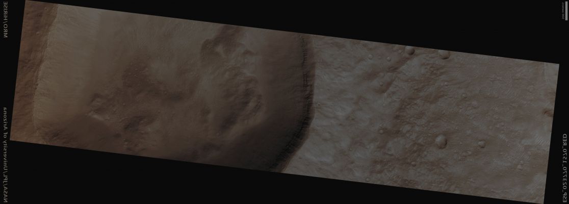 Unnamed Southern Crater (Absolute Natural Colors; credits for the additional process. and color.: Dr Paolo C. Fienga - Lunexit Team)
Mars Local Time: 14:14 (Early Afternoon)
Coord. (centered): 23,0° South Lat. and 206,0° East Long.
Spacecraft altitude: 258,5 Km (such as about 161,6 miles) 
Original image scale range: 51,7 cm/pixel (with 2 x 2 binning) so objects ~ 1 mt and 55 cm across are resolved
Map projected scale: 50 cm/pixel
Map projection: EQUIRECTANGULAR
Emission Angle: 3,9° 
Phase Angle: 40,7°
Solar Incidence Angle: 37° (meaning that the Sun is about 53° above the Local Horizon)
Solar Longitude: 348,9° (Northern Winter)
Credits: NASA/JPL/University of Arizona
Additional process. and coloring: Dr Paolo C. Fienga - Lunar Explorer Italia
Parole chiave: Mars from orbit - Craters - Unnamed Crater