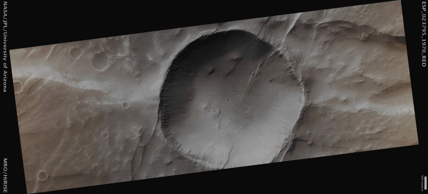 Unnamed Crater in Ulysses Fossae (Absolute Natural Colors; credits for the additional process. and color.: Dr Paolo C. Fienga - Lunexit Team)
Mars Local Time: 14:06 (Early Afternoon)
Coord. (centered): 16,6° North Lat. and 238,3° East Long.
Spacecraft altitude: 275,6 Km (such as about 172,3 miles) 
Original image scale range: 55,2 cm/pixel (with 2 x 2 binning) so objects ~ 1 mt and 65 cm across are resolved 
Map projected scale: 50 cm/pixel
Map projection: EQUIRECTANGULAR 
Emission Angle: 6,8° 
Phase Angle: 43,8°
Solar Incidence Angle: 38° (meaning that the Sun is about 52° above the Local Horizon)
Solar Longitude: 349,9° (Northern Winter)
Credits: NASA/JPL/University of Arizona
Additional process. and coloring: Dr Paolo C. Fienga - Lunar Explorer Italia
Parole chiave: Mars from orbit - Craters - Unnamed Crater - Ulysses Fossae