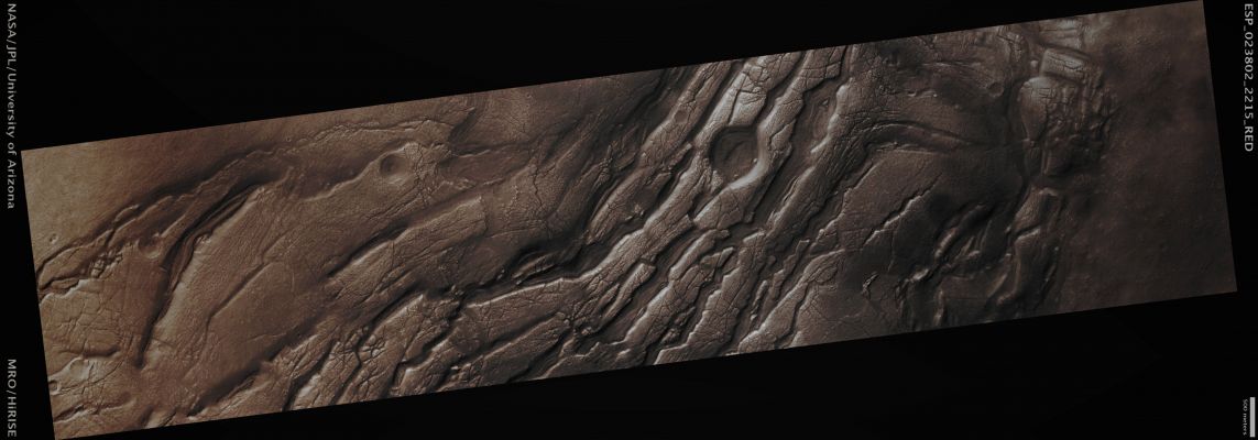 Features of Moreux Crater (Absolute Natural Colors; credits for the additional process. and color.: Dr Paolo C. Fienga - Lunexit Team) 
Mars Local Time: 14:01 (Early Afternoon)
Coord. (centered): 41,2° North Lat. and 44,1° East Long.
Spacecraft altitude: 298,8 Km (such as about 186,8 miles) 
Original image scale range: 59,8 cm/pixel (with 2 x 2 binning) so objects ~ 1 mt and 79 cm across are resolved 
Map projected scale: 50 cm/pixel
Map projection: EQUIRECTANGULAR
Emission Angle: 1,9° 
Sun-Mars-Spacecraft (or "Phase") Angle: 54,7°
Solar Incidence Angle: 53° (meaning that the Sun is about 37° above the Local Horizon)
Solar Longitude: 350,2° (Northern Winter)
Credits: NASA/JPL/University of Arizona
Additional process. and coloring: Dr Paolo C. Fienga - Lunar Explorer Italia
Parole chiave: Mars from orbit - Craters - Moreux Crater