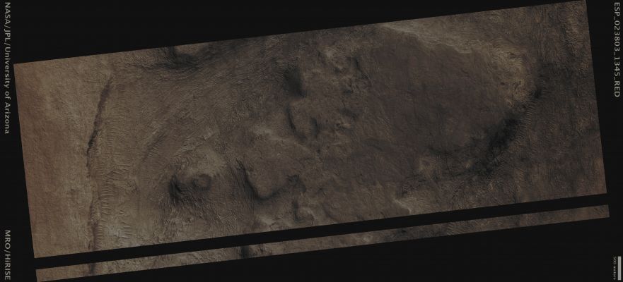 Clay-bearing Layered Deposit located within an Unnamed Crater, North of Proctor Crater (Absolute Natural Colors; credits for the additoonal process. and color.: Dr Paolo C. Fienga - Lunexit Team)
Mars Local Time: 14:19 (Early Afternoon)
Coord. (centered): 45,4° South Lat. and 28,0° East Long.
Spacecraft altitude: 253,0 Km (such as about 158,1 miles) 
Original image scale range: 25,3 cm/pixel (with 1 x 1 binning) so objects ~ 76 cm across are resolved 
Map projected scale: 25 cm/pixel
Map projection: EQUIRECTANGULAR
Emission Angle: 6,5° 
Sun-Mars-Spacecraft (or "Phase") Angle: 55,9°
Solar Incidence Angle: 51° (meaning that the Sun is about 39° above the Local Horizon)
Solar Longitude: 350,2° (Northern Winter)
Credits: NASA/JPL/University of Arizona
Additional process. and coloring: Dr Paolo C. Fienga - Lunar Explorer Italia
Parole chiave: Mars from orbit - Craters - Unnamed Crater with Clay-bearing Layered Deposit