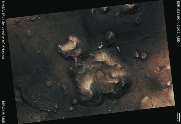 Features of Cydonia Mensae (Enhanced Absolute Natural Colors; credits for the additional process. and color.: Dr Paolo C. Fienga - Lunexit Team) 
Mars Local Time: 14:02 (Early Afternoon)
Coord. (centered): 40,3° North Lat. and 349,9° East Long.
Spacecraft altitude: 298,7 Km (such as about 186,7 miles) 
Original image scale range: 59,8 cm/pixel (with 2 x 2 binning) so objects ~ 1 mt and 79 cm across are resolved 
Map projected scale: 50 cm/pixel
Map projection: EQUIRECTANGULAR
Emission Angle: 0,4° 
Sun-Mars-Spacecraft (or "Phase") Angle: 52,9°
Solar Incidence Angle: 53° (meaning that the Sun is about 57° above the Local Horizon)
Solar Longitude: 350,5° (Northern Winter)
Credits: NASA/JPL/University of Arizona
Additional process. and coloring: Dr Paolo C. Fienga - Lunar Explorer Italia
Parole chiave: Mars from orbit - Cydonia Mensae