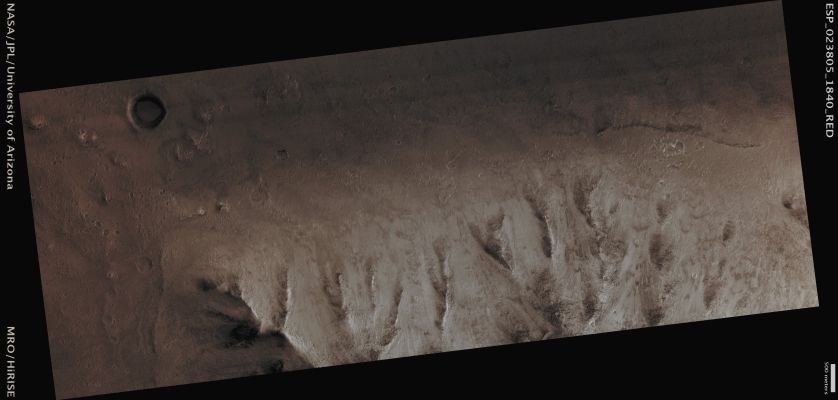 Alluvial Fans surrounding Mojave Crater (Absolute Natural Colors; credits for the additional process. and color.: Dr Paolo C. Fienga - Lunexit Team)
Mars Local Time: 14:10 (Early Afternoon)
Coord. (centered): 4,2° North Lat. and 327,4° East Long.
Spacecraft altitude: 273,3 Km (such as about 170,8 miles) 
Original image scale range: 27,3 cm/pixel (with 1 x 1 binning) so objects ~ 82 cm across are resolved 
Map projected scale: 25 cm/pixel
Map projection: EQUIRECTANGULAR
Emission Angle: 0,1° 
Sun-Mars-Spacecraft (or "Phase") Angle: 33,8°
Solar Incidence Angle: 34° (meaning that the Sun is about 56° above the Local Horizon)
Solar Longitude: 350,3° (Northern Winter)
Credits: NASA/JPL/University of Arizona
Additional process. and coloring: Dr Paolo C. Fienga - Lunar Explorer Italia
Parole chiave: Mars from orbit - Alluvial Fans