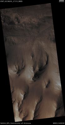Features of Jus Chasma (Absolute Natural Colors; credits for the additional process. and color.: Dr Paolo C. Fienga - Lunexit Team) 
Mars Local Time: 14:12 (Early Afternoon)
Coord. (centered): 8,4° South Lat. and 279,3° East Long.
Spacecraft altitude: 262,8 Km (such as about 164,3 miles) 
Original image scale range: 52,6 cm/pixel (with 2 x 2 binning) so objects ~ 1 mt and 58 cm across are resolved 
Map projected scale: 50 cm/pixel
Map projection: EQUIRECTANGULAR
Emission Angle: 1,8° 
Sun-Mars-Spacecraft (or "Phase") Angle: 35,1°
Solar Incidence Angle: 33° (meaning that the Sun is about 57° above the Local Horizon)
Solar Longitude: 350,9° (Northern Winter)
Credits: NASA/JPL/University of Arizona
Additional process. and coloring: Dr Paolo C. Fienga - Lunar Explorer Italia
Parole chiave: Mars from orbit - Chasmas - Jus Chasma