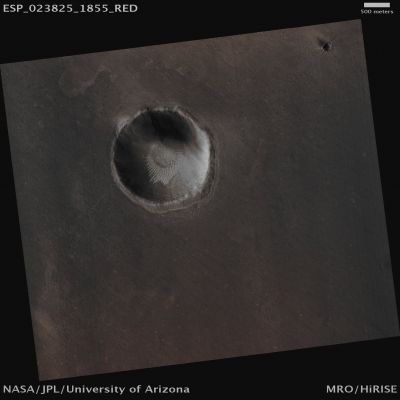 Unnamed Crater with "Fracture" in Eastern Elysium Planitia (Absolute Natural Colors; credits for the additional process. and color.: Dr Paolo C. Fienga - Lunexit Team)
Mars Local Time: 14:01 (Early Afternoon)
Coord. (centered): 5,3° North Lat. and 138,9° East Long.
Spacecraft altitude: 308,4 Km (such as about 192,8 miles) 
Original image scale range: 30,9 cm/pixel (with 1 x 1 binning) so objects ~ 93 cm across are resolved 
Map projected scale: 25 cm/pixel
Map projection: EQUIRECTANGULAR
Emission Angle: 28,6° 
Sun-Mars-Spacecraft (or "Phase") Angle: 60,1°
Solar Incidence Angle: 32° (meaning that the Sun is about 58° above the Local Horizon)
Solar Longitude: 351,1° (Northern Winter)
Credits: NASA/JPL/University of Arizona
Additional process. and coloring: Dr Paolo C. Fienga - Lunar Explorer Italia
Parole chiave: Mars from orbit - Craters - Unnamed Crater with Fracture