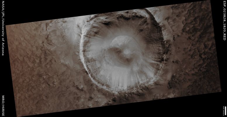 Well-Preserved 6-Km Unnamed Impact Crater (Enhanced Absolute Natural Colors; credits for the additional process. and color.: Dr Paolo C. Fienga - Lunexit Team)
Mars Local Time: 14:10 (Early Afternoon)
Coord. (centered): 2,1° North Lat. and 59,4° East Long.
Spacecraft altitude: 266,9 Km (such as about 166,8 miles) 
Original image scale range: 53,4 cm/pixel (with 2 x 2 binning) so objects ~ 1 mt and 60 cm across are resolved 
Map projected scale: 25 cm/pixel
Map projection: EQUIRECTANGULAR
Emission Angle: 4,7° 
Sun-Mars-Spacecraft (or "Phase") Angle: 37,8°
Solar Incidence Angle: 33° (meaning that the Sun is about 57° above the Local Horizon)
Solar Longitude: 351,2° (Northern Winter)
Credits: NASA/JPL/University of Arizona
Additional process. and coloring: Dr Paolo C. Fienga - Lunar Explorer Italia
Parole chiave: Mars from orbit - Craters - Unnamed Crater