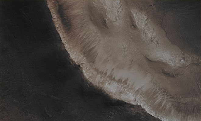 Unnamed Northern Crater with deeply incised Gullies (CTX Frame "A" - Absolute Natural Colors; credits for the additional process. and color.: Dr Paolo C. Fienga - Lunexit Team)
Mars Local Time: 14:08 (early afternoon)
Coord. (centered): 43,5° North Lat. and 319,4° East Long.
Spacecraft altitude: 304,2 Km (such as about 190,1 miles) 
Original image scale range: 30,4 cm/pixel (with 1 x 1 binning) so objects ~ 91 cm across are resolved
Map projected scale: 25 cm/pixel
Map projection: EQUIRECTANGULAR
Emission Angle: 9,2° 
Phase Angle: 47,5°
Solar Incidence Angle: 54° (meaning that the Sun is about 36° above the Local Horizon)
Solar Longitude: 355,5° (Northern Winter)
Credits: NASA/JPL/University of Arizona
Additional process. and coloring: Lunar Explorer Italia
Parole chiave: Mars from orbit - Craters - Unnamed Crater with Gullies