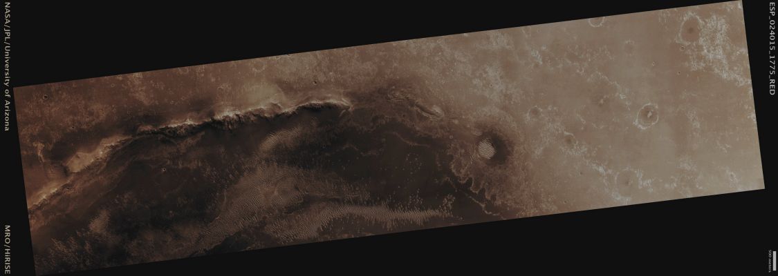 Opportunity at the Rim of Endeavour's Crater (CTX Frame - Absolute Natural Colors; credits for the additional process. and color.: Dr Paolo C. Fienga - Lunexit Team) 
Mars Local Time: 14:14 (Early Afternoon)
Coord. (centered): 2,3° South Lat. and 354,6° East Long.
Spacecraft altitude: 269,7 Km (such as about 168,5 miles) 
Original image scale range: 27,0 cm/pixel (with 1 x 1 binning) so objects ~ 81 cm across are resolved 
Map projected scale: 25 cm/pixel
Map projection: EQUIRECTANGULAR
Emission Angle: 5,7° 
Sun-Mars-Spacecraft (or "Phase") Angle: 39,3°
Solar Incidence Angle: 34° (meaning that the Sun is about 56° above the Local Horizon)
Solar Longitude: 358,6° (Northern Winter)
Credits: NASA/JPL/University of Arizona
Additional process. and coloring: Dr Paolo C. Fienga - Lunar Explorer Italia
Parole chiave: Mars from orbit - Craters - Endeavour Crater