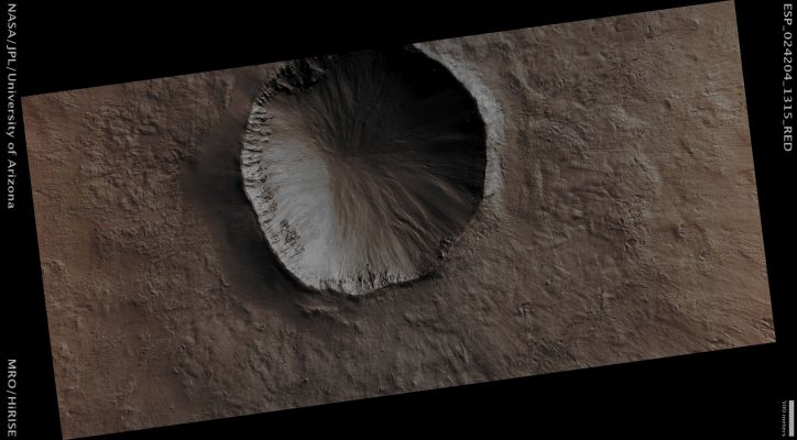 Raga Crater (Enhanced Absolute Natural Colors; credits for the additional process. and color.: Dr Paolo C. Fienga - Lunexit Team)
Mars Local Time: 14:34 (Early Afternoon)
Coord. (centered): 48,1° South Lat. and 242,4° East Long.
Spacecraft altitude: 250,3 Km (such as about 156,4 miles) 
Original image scale range: 25,0 cm/pixel (with 1 x 1 binning) so objects ~ 75 cm across are resolved 
Map projected scale: 25 cm/pixel
Map projection: EQUIRECTANGULAR
Emission Angle: 5,7° 
Sun-Mars-Spacecraft (or "Phase") Angle: 57,6°
Solar Incidence Angle: 61° (meaning that the Sun is about 29° above the Local Horizon)
Solar Longitude: 5,9° (Northern Spring)
Credits: NASA/JPL/University of Arizona
Additional process. and coloring: Dr Paolo C. Fienga - Lunar Explorer Italia
Parole chiave: Mars from orbit - Craters - Raga Crater