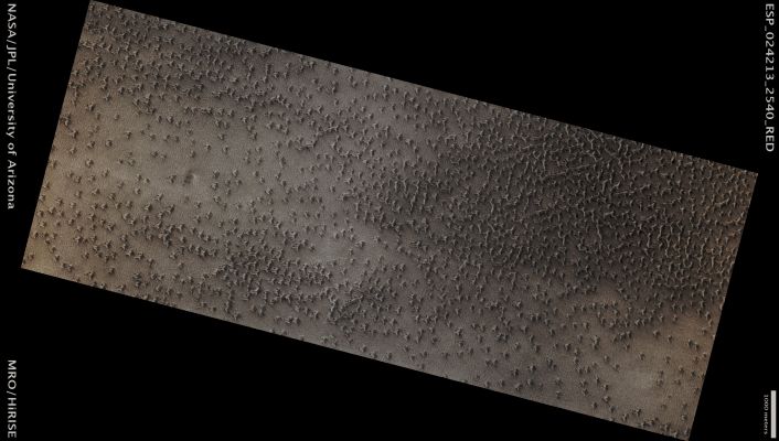 T-shaped Dunes in the North Polar Erg (Absolute Natural Colors; credits for the additional process. and color.: Dr Paolo C. Fienga - Lunexit Team) 
Mars Local Time: 13:43 (Early Afternoon)
Coord. (centered): 73,9° North Lat. and 334,7° East Long.
Spacecraft altitude: 317,0 Km (such as about 198,1 miles) 
Original image scale range: 31,7 cm/pixel (with 1 x 1 binning) so objects ~ 95 cm across are resolved 
Map projected scale: 25 cm/pixel
Map projection: POLAR STEREOGRAPHIC
Emission Angle: 0,4° 
Sun-Mars-Spacecraft (or "Phase") Angle: 73,3°
Solar Incidence Angle: 73° (meaning that the Sun is about 17° above the Local Horizon)
Solar Longitude: 6,2° (Northern Spring)
Credits: NASA/JPL/University of Arizona
Additional process. and coloring: Dr Paolo C. Fienga - Lunar Explorer Italia
Parole chiave: Mars from orbit - North Polar Features - The Erg