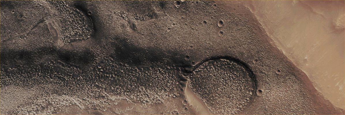Extremely Degraded Unnamed Channel in Thaumasia Region (Absolute Natural Colors; credits for the additional process. and color.: Dr Paolo C. Fienga - Lunexit Team)
Mars Local Time: 14:28 (Early Afternoon)
Coord. (centered): 36,5° South Lat. and 272,4° East Long.
Spacecraft altitude: 246,8 Km (such as about 154,3 miles) 
Original image scale range: 49,4 cm/pixel (with 2 x 2 binning) so objects ~ 1 mt and 48 cm across are resolved 
Map projected scale: 50 cm/pixel
Map projection: EQUIRECTANGULAR
Emission Angle: 0,3° 
Sun-Mars-Spacecraft (or "Phase") Angle: 52,4°
Solar Incidence Angle: 52° (meaning that the Sun is about 38° above the Local Horizon)
Solar Longitude: 6,3° (Northern Spring)
Credits: NASA/JPL/University of Arizona
Additional process. and coloring: Dr Paolo C. Fienga - Lunar Explorer Italia
Parole chiave: Mars from orbit - Channels - Unnamed Channel