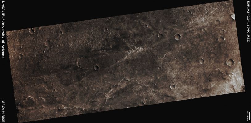 Candidate Future Landing Site, North of Hellas Basin (Absolute Natural Colors; credits for the additional process. and color.: Dr Paolo C. Fienga - Lunexit Team)
Mars Local Time: 14:34 (Early Afternoon)
Coord. (centered): 25,8° South Lat. and 54,7° East Long.
Spacecraft altitude: 282,3 Km (such as about 176,5 miles) 
Original image scale range: 28,2 cm/pixel (with 1 x 1 binning) so objects ~ 85 cm across are resolved 
Map projected scale: 25 cm/pixel
Map projection: EQUIRECTANGULAR
Emission Angle: 26,1° 
Sun-Mars-Spacecraft (or "Phase") Angle: 30,9°
Solar Incidence Angle: 47° (meaning that the Sun is about 43° above the Local Horizon)
Solar Longitude: 6,6° (Northern Spring)
Credits: NASA/JPL/University of Arizona
Additional process. and coloring: Dr Paolo C. Fienga - Lunar Explorer Italia
Parole chiave: Mars from orbit - Candidate Landing Site for Future Missions