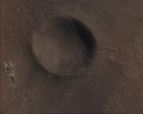 Unnamed Crater in Ladon Valles (Absolute Natural Colors; credits for the additional process. and color.: Drr Gianluigi Barca and Paolo C. Fienga - Lunexit Team)
Mars Local Time: 14:25 (Early Afternoon)
Coord. (centered): 20,5° South Lat. and 330,0° East Long.
Spacecraft altitude: 260,9 Km (such as about 163,1 miles) 
Original image scale range: 52,2 cm/pixel (with 2 x 2 binning) so objects ~ 1 mt and 57 cm across are resolved 
Map projected scale: 50 cm/pixel
Map projection: EQUIRECTANGULAR
Emission Angle: 1,3° 
Sun-Mars-Spacecraft (or "Phase") Angle: 41,6°
Solar Incidence Angle: 43° (meaning that the Sun is about 47° above the Local Horizon)
Solar Longitude: 6,8° (Northern Spring)
Credits: NASA/JPL/University of Arizona
Additional process. and coloring: Drr Gianluigi Barca and Paolo C. Fienga - Lunar Explorer Italia
Parole chiave: Mars from orbit - Craters - Unnamed Crater