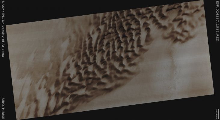 Dunes in Hellas Planitia (Natural Colors; credits for the additional process. and color.: Dr Paolo C. Fienga - Lunexit Team)
Mars Local Time: 14:33 (Early Afternoon)
Coord. (centered): 48,2° South Lat. and 61,1° East Long.
Spacecraft altitude: 256,7 Km (such as about 160,5 miles) 
Original image scale range: 25,7 cm/pixel (with 1 x 1 binning) so objects ~ 77 cm across are resolved 
Map projected scale: 25 cm/pixel
Map projection: EQUIRECTANGULAR
Emission Angle: 0,6° 
Sun-Mars-Spacecraft (or "Phase") Angle: 61,0°
Solar Incidence Angle: 61° (meaning that the Sun is about 29° above the Local Horizon)
Solar Longitude: 7,1° (Northern Spring)
Credits: NASA/JPL/University of Arizona
Additional process. and coloring: Dr Paolo C. Fienga - Lunar Explorer Italia
Parole chiave: Mars from orbit - Dunefield - Hellas Planitia Region