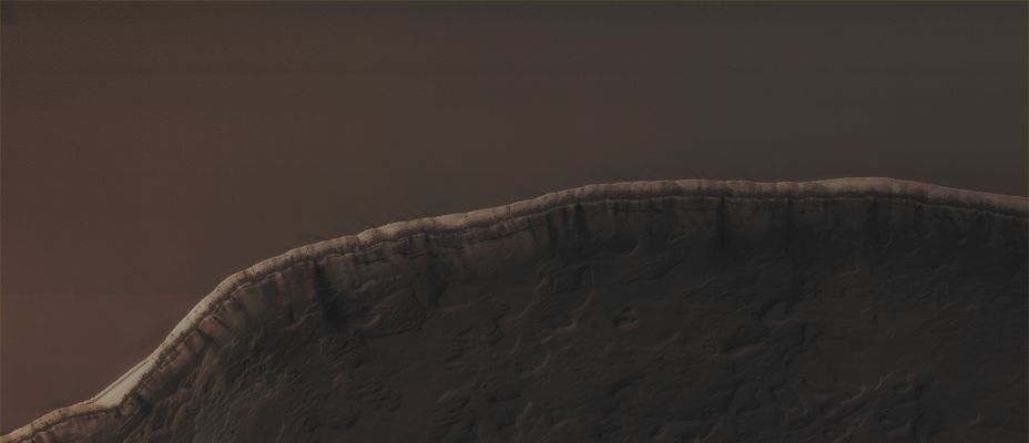 North Polar Scarp (CTX Frame "A" - Absolute Natural Colors; credits for the additional process. and color.: Dr Paolo C. Fienga - Lunexit Team)
Mars Local Time: 13:00 (early afternoon)
Coord. (centered): 83,9° North Lat. and 234,9° East Long.
Spacecraft altitude: 319,0 Km (such as about 199,4 miles) 
Original image scale range: 31,9 cm/pixel (with 1 x 1 binning) so objects ~ 96 cm across are resolved
Map projected scale: 25 cm/pixel
Map projection: POLAR STEREOGRAPHIC
Emission Angle: 4,9° 
Phase Angle: 73,2°
Solar Incidence Angle: 76° (meaning that the Sun is about 14° above the Local Horizon)
Solar Longitude: 19,2° (Northern Spring)
Credits: NASA/JPL/University of Arizona
Additional process. and coloring: Lunar Explorer Italia
Parole chiave: Mars from orbit - North Polar Regions - Scarp
