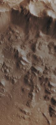 Seepage on an Unnamed Crater Inner Rim (Absolute Natural Colors; credits for the additional process. and color.: Drr Gianluigi Barca and Paolo C. Fienga - Lunexit Team)
Mars Local Time: 14:26 (early afternoon)
Coord. (centered): 7,7° North Lat. and 98,4° East Long.
Spacecraft altitude: 275,0 Km (such as about 171,9 miles) 
Original image scale range: 55,0 cm/pixel (with 2 x 2 binning) so objects ~ 1 mt and 65 cm across are resolved
Map projected scale: 50 cm/pixel
Map projection: EQUIRECTANGULAR
Emission Angle: 4,4° 
Phase Angle: 40,6°
Solar Incidence Angle: 36° (meaning that the Sun is about 54° above the Local Horizon)
Solar Longitude: 19,4° (Northern Spring)
Credits: NASA/JPL/University of Arizona
Additional process. and coloring: Lunar Explorer Italia
Parole chiave: Mars from orbit - Craters - Unnamed Crater