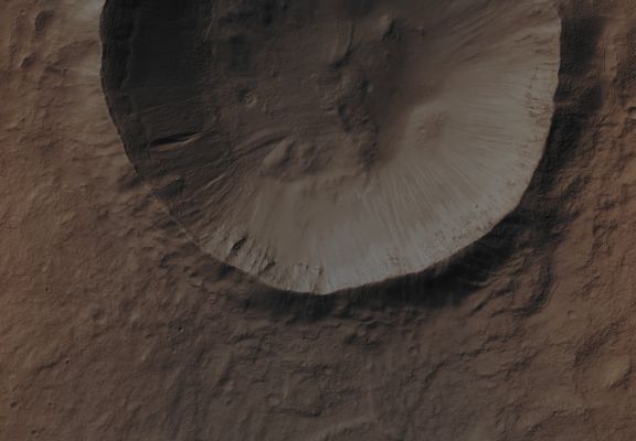 Unnamed Southern Crater (Absolute Natural Colors; credits for the additional process. and color.: Dr Paolo C. Fienga - Lunexit Team)
Mars Local Time: 14:34 (early afternoon)
Coord. (centered): 36,0° South Lat. and 136,0° East Long.
Spacecraft altitude: 254,8 Km (such as about 159,3 miles) 
Original image scale range: 25,5 cm/pixel (with 1 x 1 binning) so objects ~ 76 cm across are resolved
Map projected scale: 25 cm/pixel
Map projection: EQUIRECTANGULAR
Emission Angle: 7,8° 
Phase Angle: 62,9°
Solar Incidence Angle: 57° (meaning that the Sun is about 33° above the Local Horizon)
Solar Longitude: 19,8° (Northern Spring)
Credits: NASA/JPL/University of Arizona
Additional process. and coloring: Lunar Explorer Italia
Parole chiave: Mars from orbit - Craters - Unnamed Southern Crater