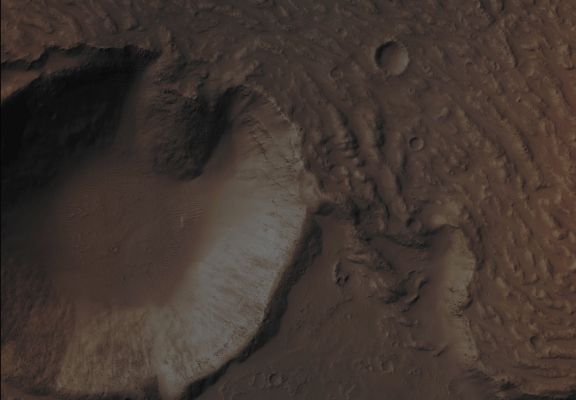 Unnamed Crater partially invaded by Lava Flow (EDM - Absolute Natural Colors; credits for the additional process. and color.: Dr Paolo C. Fienga - Lunexit Team)
Coord. (centered): 33,3° South Lat. and 222,7° East Long.

Parole chiave: Mars from orbit - Craters - Unnamed Crater with Lava Flow inside