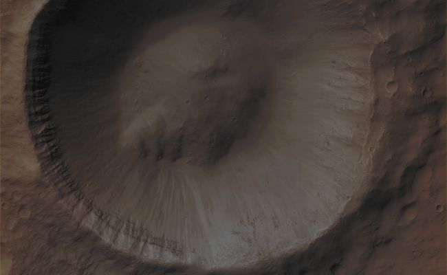 Unnamed Southern Crater (Absolute Natural Colors; credits for the additional process. and color.: Dr Paolo C. Fienga - Lunexit Team)
Mars Local Time: 14:37 (early afternoon)
Coord. (centered): 30,1° South Lat. and 196,0° East Long.
Spacecraft altitude: 255,0 Km (such as about 159,4 miles) 
Original image scale range: 25,5 cm/pixel (with 1 x 1 binning) so objects ~ 51 cm across are resolved (with 2 x 2 binning)
Map projected scale: 25 cm/pixel
Map projection: EQUIRECTANGULAR 
Emission Angle: 5,0° 
Phase Angle: 50,9°
Solar Incidence Angle: 54° (meaning that the Sun is about 36° above the Local Horizon)
Solar Longitude: 20,2° (Northern Spring)
Credits: NASA/JPL/University of Arizona
Additional process. and coloring: Lunar Explorer Italia
Parole chiave: Mars from orbit - Craters - Unnamed Southern Crater