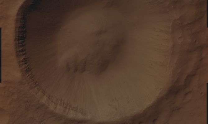 Unnamed Southern Crater (Natural Colors; credits for the additional process. and color.: Dr Paolo C. Fienga - Lunexit Team)
Mars Local Time: 14:37 (early afternoon)
Coord. (centered): 30,1° South Lat. and 196,0° East Long.
Spacecraft altitude: 255,0 Km (such as about 159,4 miles) 
Original image scale range: 25,5 cm/pixel (with 1 x 1 binning) so objects ~ 51 cm across are resolved (with 2 x 2 binning)
Map projected scale: 25 cm/pixel
Map projection: EQUIRECTANGULAR 
Emission Angle: 5,0° 
Phase Angle: 50,9°
Solar Incidence Angle: 54° (meaning that the Sun is about 36° above the Local Horizon)
Solar Longitude: 20,2° (Northern Spring)
Credits: NASA/JPL/University of Arizona
Additional process. and coloring: Lunar Explorer Italia
Parole chiave: Mars from orbit - Craters - Unnamed Southern Crater