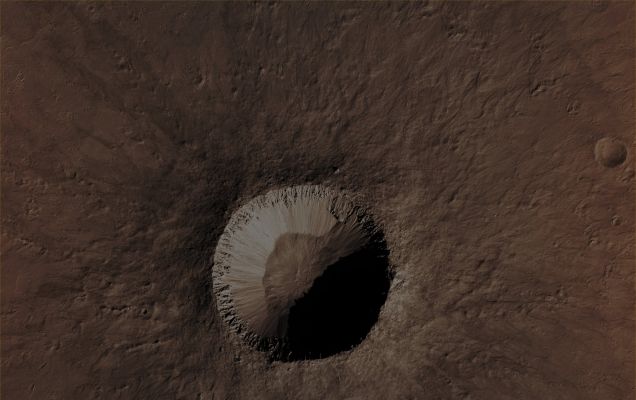 Unnamed Southern Crater with deep incised and colourful Gullies (CTX Frame - Absolute Natural Colors; credits for the additional process. and color.: Dr Paolo C. Fienga - Lunexit Team)
Mars Local Time: 14:48 (early afternoon)
Coord. (centered): 35,0° South Lat. and 300,9° East Long.
Spacecraft altitude: 251,6 Km (such as about 157,2 miles) 
Original image scale range: 25,2 cm/pixel (with 1 x 1 binning) so objects ~ 76,0 cm across are resolved
Map projected scale: 25 cm/pixel
Map projection: EQUIRECTANGULAR
Emission Angle: 4,0° 
Sun - Mars - MRO (or "Phase") Angle: 60,2°
Solar Incidence Angle: 63° (meaning that the Sun is about 27° above the Local Horizon)
Solar Longitude: 32,5° (Northern Spring)
Credits: NASA/JPL/University of Arizona
Additional process. and coloring: Lunar Explorer Italia
Parole chiave: Mars from orbit - Craters - Unnamed Southern Crater with colorful Gullies
