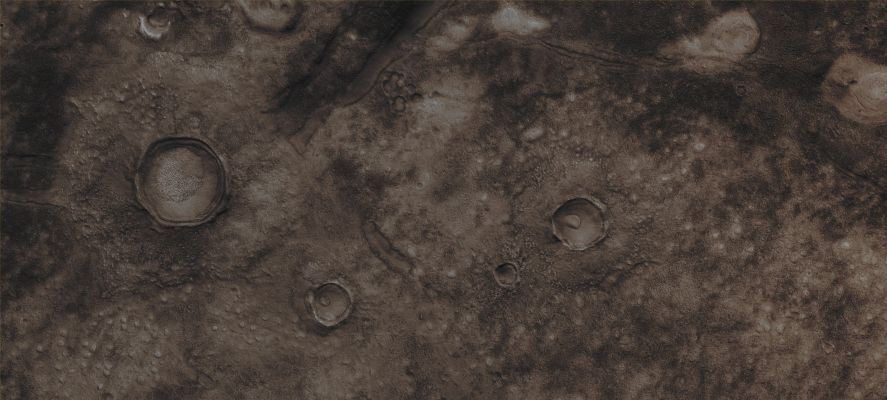 Low Albedo Surface Features in Acidalia Planitia (CTX Frame "B" - Absolute Natural Colors; credits for the additional process. and color.: Dr Paolo C. Fienga - Lunexit Team)
Mars Local Time: 14:27 (early afternoon)
Coord. (centered): 44,4° North Lat. and 326,8° East Long.
Spacecraft altitude: 304,0 Km (such as about 190,0 miles) 
Original image scale range: 60,8 cm/pixel (with 2 x 2 binning) so objects ~ 1 mt and 82 cm across are resolved
Map projected scale: 50 cm/pixel
Map projection: EQUIRECTANGULAR
Emission Angle: 6,9° 
Sun - Mars - MRO (or "Phase") Angle: 50,3°
Solar Incidence Angle: 44° (meaning that the Sun is about 46° above the Local Horizon)
Solar Longitude: 33,4° (Northern Spring)
Credits: NASA/JPL/University of Arizona
Additional process. and coloring: Lunar Explorer Italia
Parole chiave: Mars from orbit - Acidalia Planitia Region
