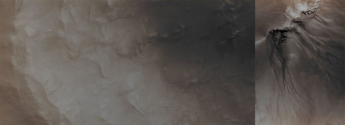 Unnamed Crater with Gullies in Vastitas Borealis (CTX Frame + EDM - Absolute Natural Colors; credits for the additional process. and color.: Dr Paolo C. Fienga - Lunexit Team)
Mars Local Time: 14:45 (early afternoon)
Coord. (centered): 49,1° North Lat. and 21,1° East Long.
Spacecraft altitude: 335,5 Km (such as about 209,7 miles) 
Original image scale range: 33,6 cm/pixel (with 1 x 1 binning) so objects ~ 1 mt and 1 cm across are resolved
Map projected scale: 25 cm/pixel
Map projection: EQUIRECTANGULAR
Emission Angle: 25,5° 
Sun - Mars - MRO (or "Phase") Angle: 27,1°
Solar Incidence Angle: 48° (meaning that the Sun is about 42° above the Local Horizon)
Solar Longitude: 38,0° (Northern Spring)
Credits: NASA/JPL/University of Arizona
Additional process. and coloring: Lunar Explorer Italia
Parole chiave: Mars from orbit - Craters - Unnamed Crater with Gullies - Vastitas Borealis