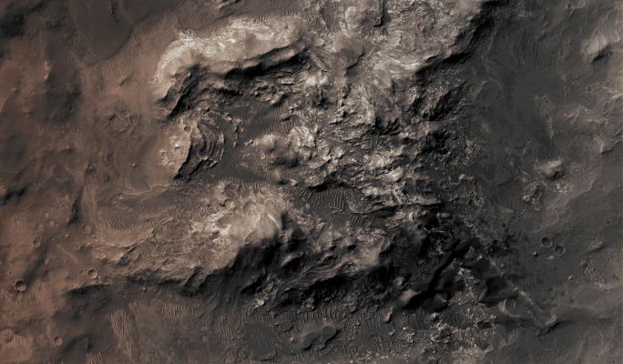 Exposed "Uplifted" Bedrock (CTX Frame "A" - Absolute Natural Colors; credits for the additional process. and color.: Dr Paolo C. Fienga - Lunar Explorer Italia)
Mars Local Time: 14:54 (early afternoon)
Coord. (centered): 26,3° South Lat. and 305,2° East Long.
Spacecraft altitude: 255,8 Km (such as about 159,9 miles) 
Original image scale range: 25,6 cm/pixel (with 1 x 1 binning) so objects ~ 77 cm across are resolved
Map projected scale: 25 cm/pixel
Map projection: EQUIRECTANGULAR
Emission Angle: 1,2° 
Sun - Mars - MRO (or "Phase") Angle: 62,0°
Solar Incidence Angle: 61° (meaning that the Sun is about 29° above the Local Horizon)
Solar Longitude: 45,4° (Northern Spring)
Credits: NASA/JPL/University of Arizona
Additional process. and coloring: Lunar Explorer Italia
Parole chiave: Mars from orbit - Craters - Unnamed Southern Crater with exposed Bedrock