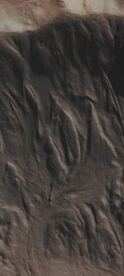 Icy Flows (Absolute Natural Colors; credits for the additional process. and color.: Dr Paolo C. Fienga - Lunexit Team)
Mars Local Time: 15:06 (Early Afternoon)
Coord. (centered): 35,452° South Lat. and 112,094° East Long.
Spacecraft altitude: 253,5 Km (such as about 158,5 miles) 
Original image scale range: 50,7 cm/pixel (with 2 x 2 binning) so objects ~ 1 mt and 52 cm across are resolved (with 4 x 4 binning)
Map projected scale: 50 cm/pixel
Map projection: EQUIRECTANGULAR
Emission Angle: 4,8° 
Sun - Mars - MRO (or "Phase") Angle: 69,0°
Solar Incidence Angle: 72° (meaning that the Sun is about 18° above the Local Horizon)
Solar Longitude: 57,5° (Northern Spring/Southern Fall)
Credits: NASA/JPL/University of Arizona
Parole chiave: Mars from orbit - Flow Features