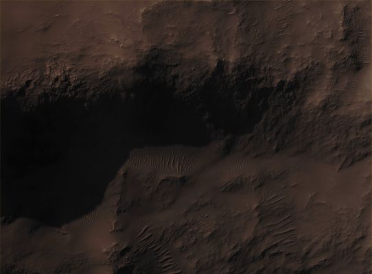 Long Shadows... (CTX Frame "A" - Absolute Natural Colors; credits for the additional process. and color.: Dr Paolo C. Fienga - Lunexit Team)
Mars Local Time: 15:13 (early afternoon)
Coord. (centered): 36,4° South Lat. and 302,3° East Long.
Spacecraft altitude: 251,9 Km (such as about 157,4 miles) 
Original image scale range: 50,4 cm/pixel (with 2 x 2 binning) so objects ~ 1 mt and 51 cm across are resolved (with 4 x 4 binning)
Map projected scale: 50 cm/pixel
Map projection: EQUIRECTANGULAR
Emission Angle: 1,2° 
Sun - Mars - MRO (or "Phase") Angle: 75,0°
Solar Incidence Angle: 76° (meaning that the Sun is about 14° above the Local Horizon)
Solar Longitude: 71,6° (Northern Spring)
Credits: NASA/JPL/University of Arizona
Additional process. and coloring: Lunar Explorer Italia
Parole chiave: Mars from orbit - Southern Terrain