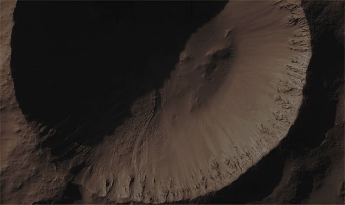 Long Shadows... (CTX Frame "B" - Absolute Natural Colors; credits for the additional process. and color.: Dr Paolo C. Fienga - Lunexit Team)
Mars Local Time: 15:13 (early afternoon)
Coord. (centered): 36,4° South Lat. and 302,3° East Long.
Spacecraft altitude: 251,9 Km (such as about 157,4 miles) 
Original image scale range: 50,4 cm/pixel (with 2 x 2 binning) so objects ~ 1 mt and 51 cm across are resolved (with 4 x 4 binning)
Map projected scale: 50 cm/pixel
Map projection: EQUIRECTANGULAR
Emission Angle: 1,2° 
Sun - Mars - MRO (or "Phase") Angle: 75,0°
Solar Incidence Angle: 76° (meaning that the Sun is about 14° above the Local Horizon)
Solar Longitude: 71,6° (Northern Spring)
Credits: NASA/JPL/University of Arizona
Additional process. and coloring: Lunar Explorer Italia
Parole chiave: Mars from orbit - Craters - Unnamed Crater