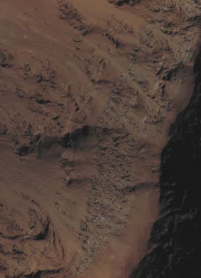 Layering on an Unnamed Southern Crater Rim (EDM - Absolute Natural Craters; credits for the additional process. and color.: Dr Paolo C. Fienga - Lunexit Team)
Mars Local Time: 15:13 (early afternoon)
Coord. (centered): 36,4° South Lat. and 302,3° East Long.
Spacecraft altitude: 251,9 Km (such as about 157,4 miles) 
Original image scale range: 50,4 cm/pixel (with 2 x 2 binning) so objects ~ 1 mt and 51 cm across are resolved (with 4 x 4 binning)
Map projected scale: 50 cm/pixel
Map projection: EQUIRECTANGULAR
Emission Angle: 1,2° 
Sun - Mars - MRO (or "Phase") Angle: 75,0°
Solar Incidence Angle: 76° (meaning that the Sun is about 14° above the Local Horizon)
Solar Longitude: 71,6° (Northern Spring)
Credits: NASA/JPL/University of Arizona
Additional process. and coloring: Lunar Explorer Italia
Parole chiave: Mars from orbit - Craters - Unnamed Crater with Layering