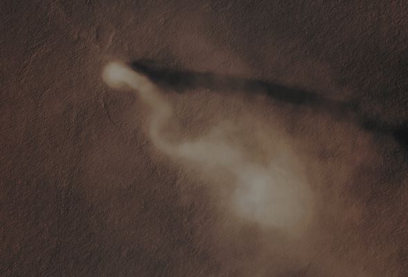 Huge Dust Devil in Amazonis Planitia (CTX Frame - Absolute Natural Colors; credits for the additional process. and color.: Dr Paolo C. Fienga - Lunexit Team) 
Mars Local Time: 15:02 (early afternoon)
Coord. (centered): 35,5° North Lat. and 201,5° East Long.
Spacecraft altitude: 295,8 Km (such as about 184,9 miles) 
Original image scale range: 31,9 cm/pixel (with 2 x 2 binning) so objects ~ 1 mt and 18 cm across are resolved (with 4 x 4 binning)
Map projected scale: 50 cm/pixel
Map projection: EQUIRECTANGULAR
Emission Angle: 0,3° 
Sun - Mars - MRO (or "Phase") Angle: 40,4°
Solar Incidence Angle: 40° (meaning that the Sun is about 50° above the Local Horizon)
Solar Longitude: 83,0° (Northern Spring)
Credits: NASA/JPL/University of Arizona
Additional process. and coloring: Lunar Explorer Italia
Parole chiave: Mars from orbit - Aeolian Features - Dust Devil